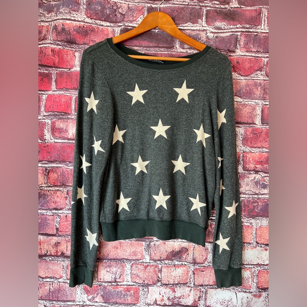 Wildfox Couture Dark Forest Green White Star Baggy Beach Jumper Sweatshirt